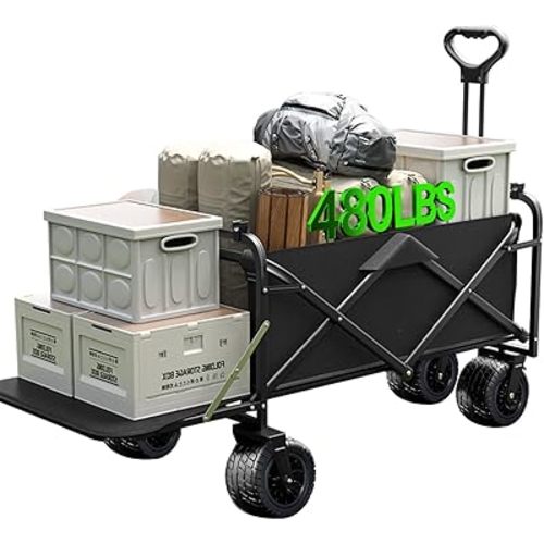 Collapsible Wagon Cart Foldable with Tailgate, 240L 480lbs Capacity, Heavy Duty Beach Wagon with Wheels Brake, Shopping Carts for Grocery, Camping, Garden Cart