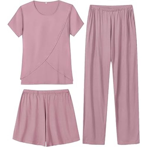 SWOMOG Women Maternity Pajamas Sets 3 Pcs Adjustable Breastfeeding Nightwear Double Layer Short Sleeve Pregnancy Pjs Set
