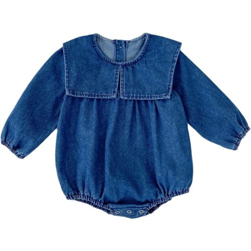 HOOLCHEAN Baby Girls Denim Romper with Cute Big Collar – Spring/Fall – Runs Large, Size Down (Blue, 80: 12-18 Months)