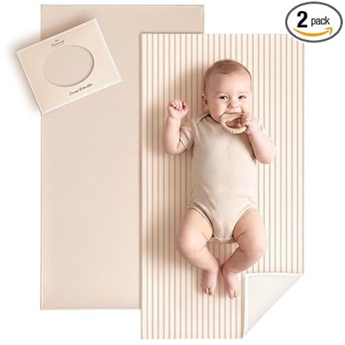 Konssy Faux Leather Baby Changing Mat, Waterproof, Wipeable & Portable Diaper Changing Pad for Travel or Home, Fits Perfectly in Diaper Bag, 30 x 17 inches (Beige,Stripes)