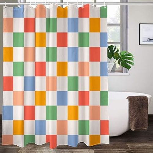 Lovetar Retro Checkered Vintage 60s 70s Shower Curtain Vintage Washable Waterproof Fabric Bath Curtains Set for Bathroom for Bathroom Decor Art with 12 Hooks - 72x72 Inch