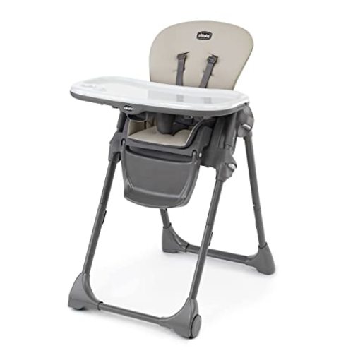 Chicco Polly Space-Saving Foldable High Chair with Easy-Clean Seat Pad, High Chair for Babies and Toddlers with Multi-Position Recline and Height Adjustment, for Children up to 40 lbs. | Taupe/Beige
