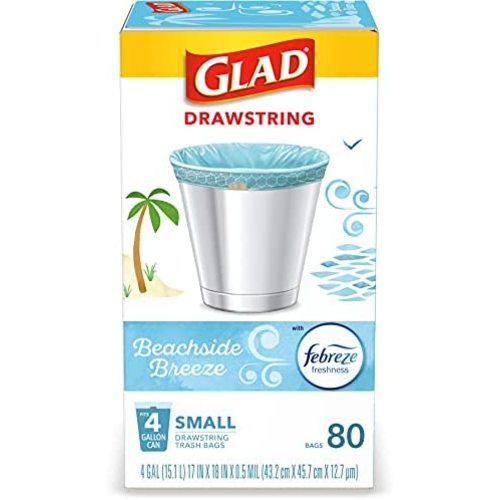Glad Small Drawstring Trash Bags 4 Gallon - Febreze Beachside Breeze, 80 Count