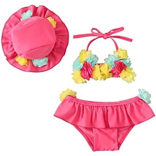 Toddler Baby Girl 3 Piece Swimsuit Halter Top+Shorts+Hat/Headband Bikini Set Summer Beach Bathing Suit Swimwear
