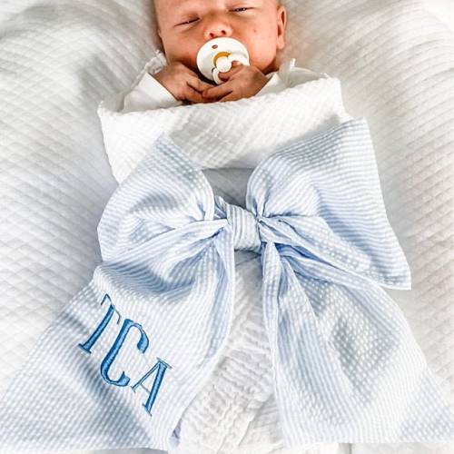Monogrammed Newborn Infant Baby Seersucker Bow Sash Blanket, Maternity Photography Prop, Monogrammed Newborn Wrap, Baby Photo Prop, Big Bow