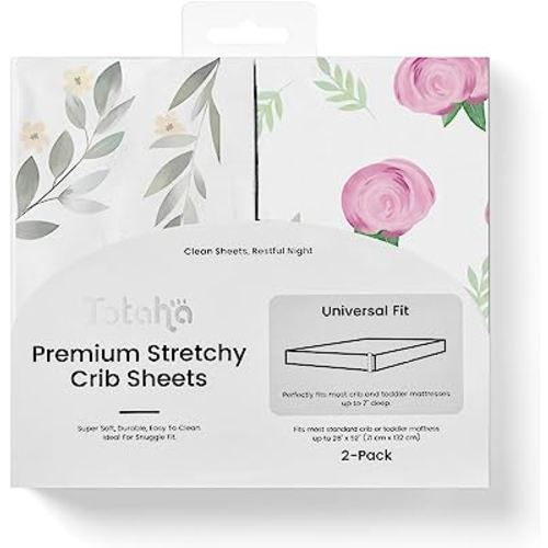 TotAha Premium Stretchy Crib Sheets (2-Pack)-Hypoallergenic, Silky Comfort, Buttery Soft, Calming Effect, All-Season Jersey-Knit Sheets, 9'' Extra Deep Pocket (Pink Buds & Green Leaves)