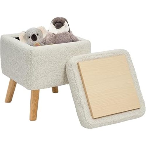 Small Square Storage Ottoman with Tray, Modern Ottoman Foot Rest with Solid Wood Legs Footstool, Upholstered Ottoman with Storage Stool for Dorm, Vanity, Living Room, Bedroom(Lambswool White)