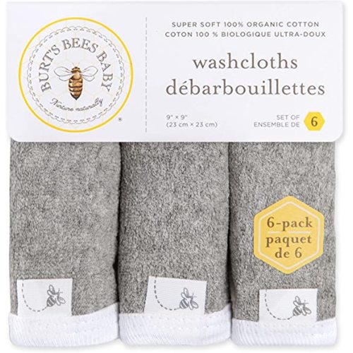 Burt's Bees Baby Infant Washcloths, Organic Cotton, 6pk - White & Gray