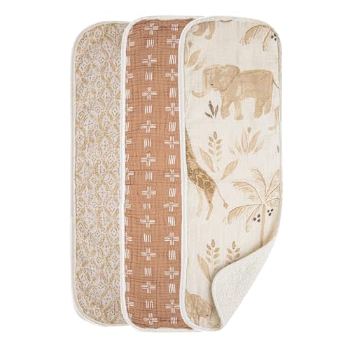 Crane Baby Muslin Baby Burp Cloths Set of 3, Safari Animal Print, 100% Cotton, Absorbent, Lightweight, 7"X20", Baby Newborn Essentials, Safari Baby Stuff