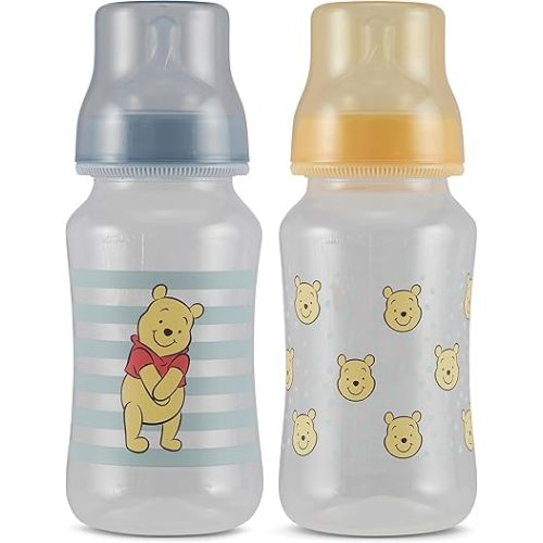 Disney Winnie The Pooh Baby Bottles 11 oz for Boys or Girls | 2 Pack of Infant Hourglass Shaped Bottles with Cover for Newborns and All Babies | BPA-Free Plastic Baby Bottle for Baby Shower