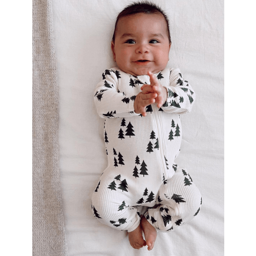 Organic Waffle Basic Zip Romper, Forest Green Trees