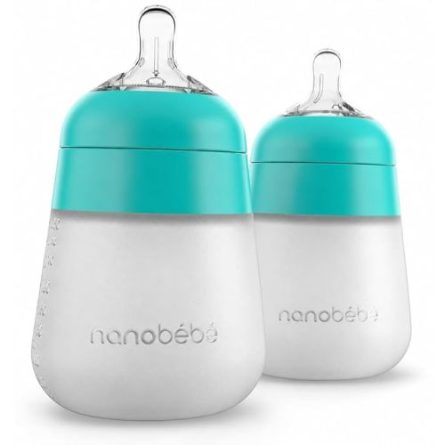 Nanobébé Flexy Silicone Baby Bottle, Anti-Colic, Natural Feel, Non-Collapsing Nipple, Non-Tip Stable Base, Easy to Clean 2-Pack, Teal, 9oz