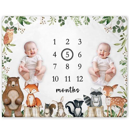 Yuzioey Twins Woodland Milestone Blanket, Twins Forest Animals Baby Growth Chart Monthly Blanket, Watch Me Grow Twins Baby Nursery for New Moms Baby Shower(50"x40")