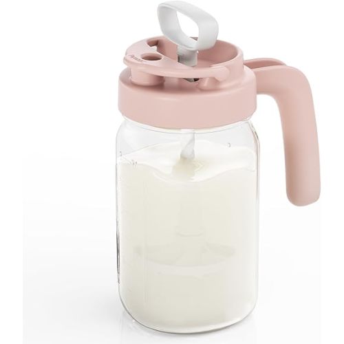 Papablic Glass Formula Mixing Pitcher, Breastmilk Pitcher with Mixing Handle Lid, 24 Oz Wide Mouth Mason Jar Mixer with Flip Locking Spout, Easy to Clean, BPA Free, Pink