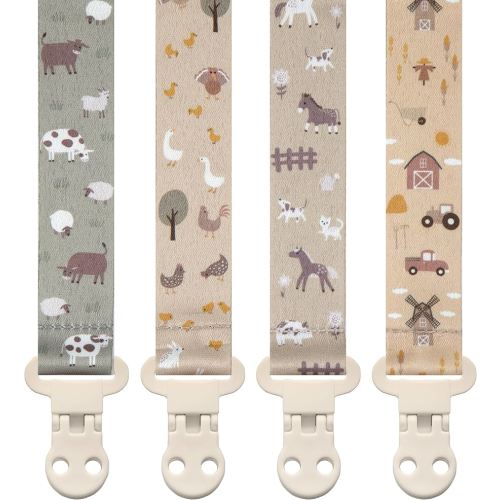 Stadela Baby Pacifier Clip Holder - Girl or Boy Unisex 4 Pack Gift Set – Farm Animals Barn and Tractors Neutral