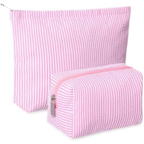 2 Pieces Makeup Bag Set Cute Cosmetic Pouch for Women Travel Toiletry Bag Preppy Small Makeup Purse Pouch Aesthetic Skincare Brushes Storage Organizer for Women(Pink)