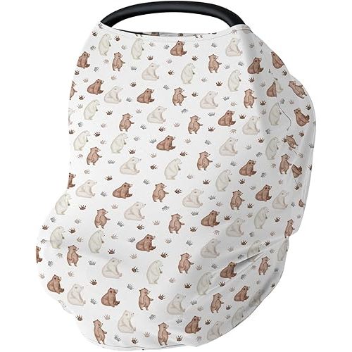 Neutral Boho Bear Baby Car Seat Covers Cute Bear and Paws Stretchy 5-in-1 Cover Adjustable Car Canopy Cover Baby Forest Animal Breathable Nursing Cover-Up