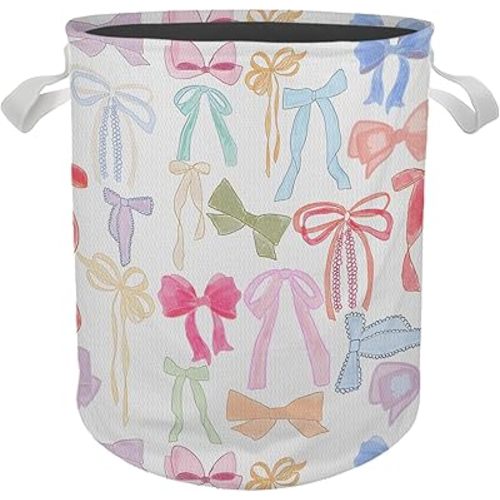 Girls Laundry Basket, Coquette Colorful Bow Ribbon Girly Nursery Laundry Basket Hamper Waterproof Collapsible Storage Bin Organizer for Bedroom Bathroom Kids Girls Room Dorm Clothes Toys
