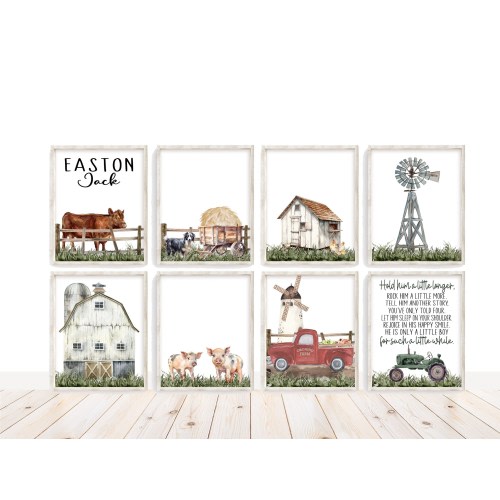 Personalized Hold Him a Little Longer Watercolor Green Tractor Farmhouse Rustic Barnyard Farm Nursery Decor Set of 8 Unframed Prints