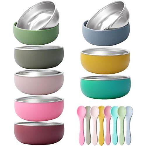 8 Pcs 304 Stainless Steel Baby Bowls with 8 Spoon Kids Bowls with Removable Silicone Shell Toddler Without Suction Bowls Anti Scald Snack Container for Dishwasher for Food Feeding(Multicolor)