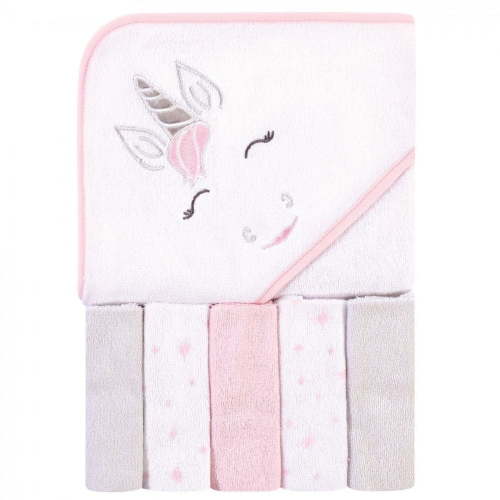 Hudson Baby Infant Girl Hooded Towel and Five Washcloths, Pink Unicorn, One Size
