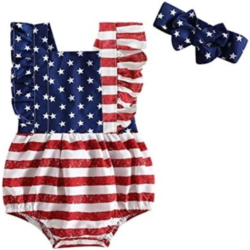 ​Infant Baby Girl Summer Clothes Outfits Cute Print Fly Sleeve Romper Jumpsuit Bodysuit with Headband