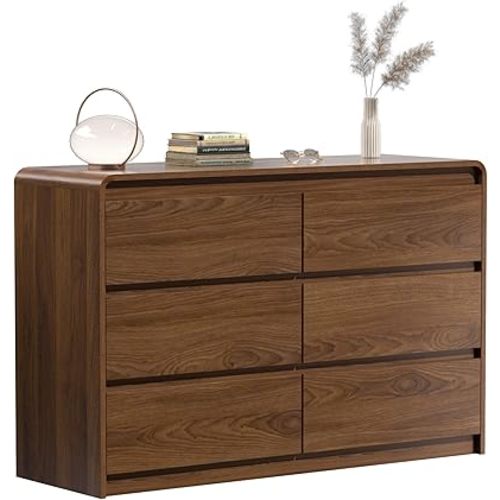 Oransail 6 Drawer Dresser, 47" Wide Walnut Dresser Chest of Drawers, Curved Anti-Collision & Anti-Tipping Design, Mid Century Modern Wooden Dresser for Bedroom, Living Room, TV Stand