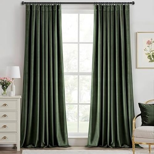 Olive Green Velvet Curtains 96 Inches Long Blackout Thermal Insulated Soundproof Curtain Privacy Room Darkening Curtains Pinch Pleat Window Drapes for Bedroom Living Room 42 x 96 Inch Set of 2