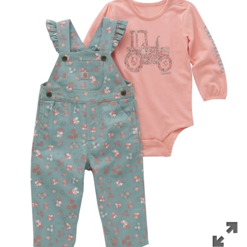 Girls' Long-Sleeve Bodysuit Ruffle Trim Canvas Overall Set (Infant) | 9M | Carhartt