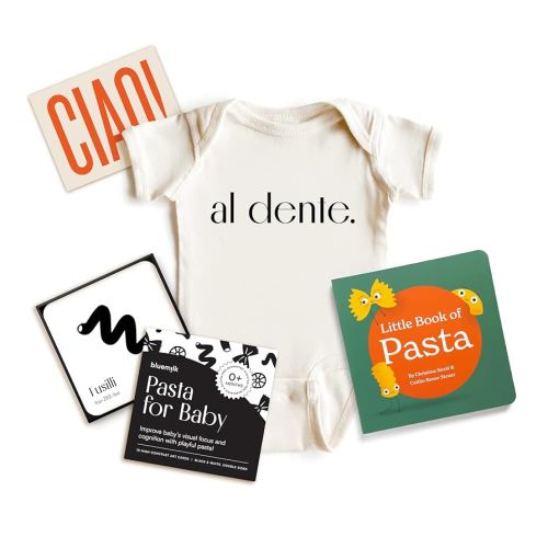 Pasta Party Baby Gift Set | 4pc Bundle with Board Book, Onesie & Toy | Unique Foodie Baby Shower