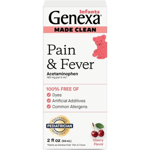 Genexa Infants' Clean Acetaminophen | Pain Reliever & Fever Reducer | Dye Free, 0% Artificial Additives | Baby Sick Essentials & Infant Medicine | Delicious Organic Cherry Flavor, 2 fl oz