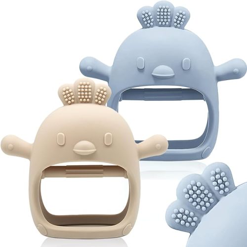 2 Packs Baby Teething Toy Silicone Teething Mitten for Babies Over 3 Months Anti Dropping Wrist Hand Teethers Baby Chew Toys for Sucking Needs, BPA Free - Blue & Caramel