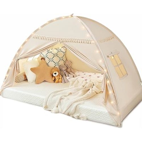 Toddler bed Tent Canopy: Lights & Flags Indoor Floor Bed Kids Tent PlayHouse - Portable & Foldable Twin Bunk bed Curtains - Large Size Girls & Boys House Bedroom Privacy Space Sleeping Tents Gifts