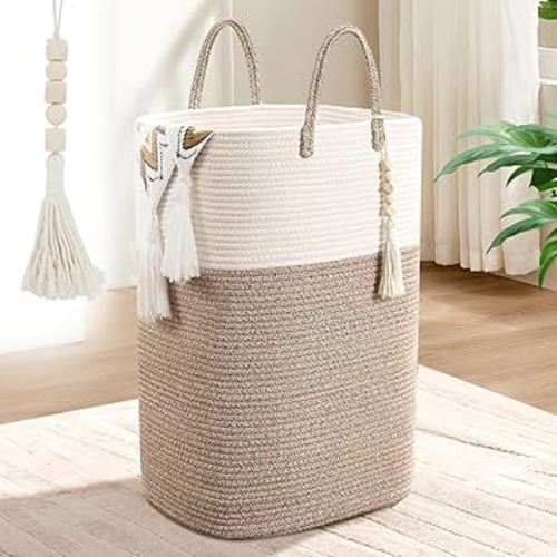 65L Woven Laundry Basket for Clothes, Large Rectangle Laundry Hampers with Beads Tassel, Nursery Storage Basket for Toys, Tall Dirty Clothes Hamper for Bedroom Aesthetic, Laundry Room Organization