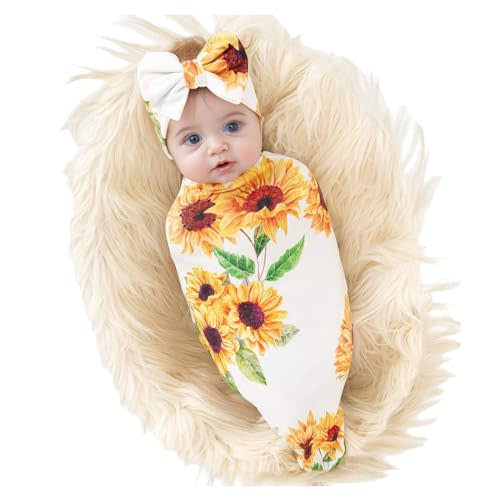 Galabloomer Newborn Sunflower Receiving Blanket Headband Set Baby Flower Rose Swaddle with Big bow