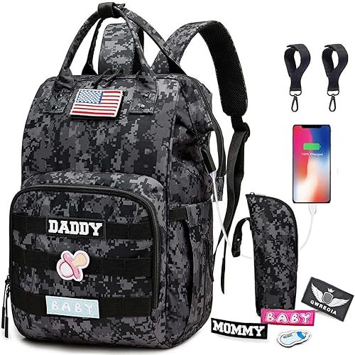 Camo Diaper Bag Backpack for Dad and Mom with USB Charging Port Stroller Straps and Insulated Pocket,army military Travel Nappy Backpack (DADDY and MOMMY patches)