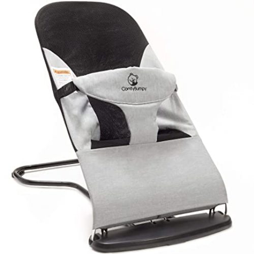 ComfyBumpy Ergonomic Baby Bouncer Seat - Bonus Travel Carry Case - Safe, Portable Bouncing Chair with 3 Adjustable Height Positions - Bouncy Seat Perfect for 8-20lbs Babies (Grey)