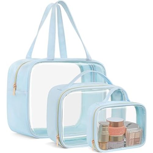 PACKISM Clear Makeup Bag Combo Pack, 1 TSA Approved Medium & Large/XL for Checked Luggage, Clear Toiletry Bag with Handle, Water-resistant Travel Essentials Organizer, Ice Blue