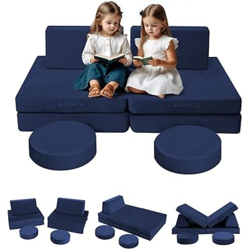 MeMoreCool Modular Kids Couch for Playroom, Navy Foam Play Couch for Toddlers, Building Fort Explorer Sofa