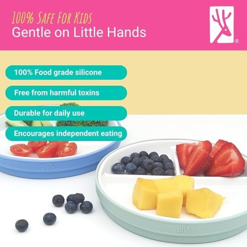 Elk and Friends Kids 6.7” Porcelain Divided Plates with Silicone Sleeves | Suitable for Babies/Kids/Toddlers | Microwave & Dishwasher Safe | Non Slip | Snack Dishes
