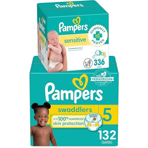 Pampers Swaddlers Disposable Baby Diapers Size 5, 132 Count with Sensitive Water Based Baby Wipes 4X Pop-Top Packs (336 Count)