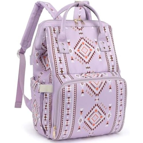 Boho Diaper Bag Backpack for Mom Dad, Multifunctional Bohemia Baby Nappy Backpack with Stroller Straps Insulated Pockets (Purple)