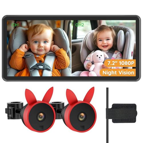 BV3 PRO Baby Car Camera for 2 Kids - 7.2" Large HD Display Dual Channel Baby Monitor, 1080P IR Night Vision Car Seat Camera, Easy Install Rear-Facing View – Ideal for Kids and Pet Safety