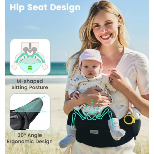 Baby Hip Seat Carrier, GROWNSY Baby Carrier with Multiple Pockets, Adjustable Extended Waistband for Newborns & Toddlers up to 50 lbs, Black