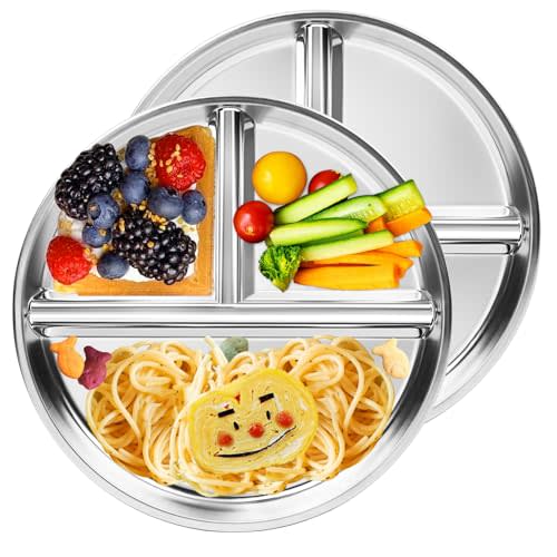 Bakpoco Stainless Steel Kids Plates 2 Packs, 9" Portion Control Plate Divided Plates for Adults Bariatric Weight Loss & Diabetic Diet, [Non Toxic Unbreakable] Toddlers Lunch Dishes, Camping Food Tray