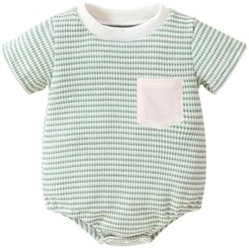 Unisex Baby Waffle Romper Short Sleeve Baby Boy Girl Bubble Romper Striped Oversized Bodysuit Infant Baby Summer Clothes
