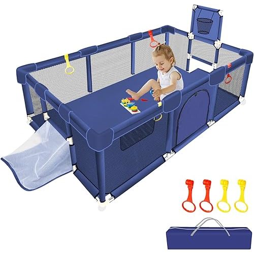 Large Playpen for Babies and Toddlers, 74''×50'' Kids Ball Pit, Sturdy Play Yard with Basketball Hoop & Soccer Nets, Children's Fence Play Area with Breathable Mesh, Indoor Outdoor Infant Safety Gate