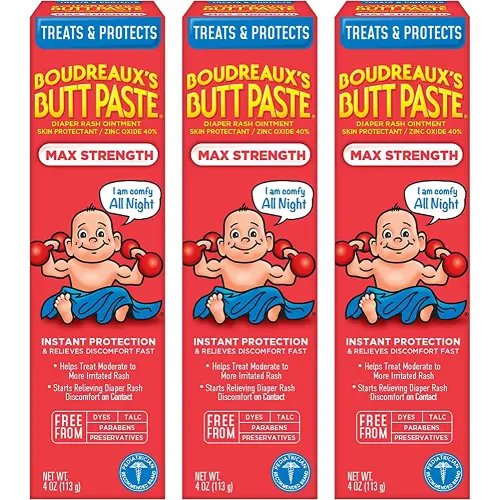 Boudreaux's Butt Paste Maximum Strength Diaper Rash Cream, Ointment for Baby, 4 oz Tube, 3 Pack