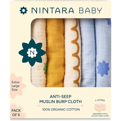 NINTARABABY Anti-seep Burp Cloths - 100% Organic Muslin Cotton, 7-Layer Absorbent & Waterproof, Extra-Large (22" x 12”), Soft & Hypoallergenic, Multipurpose Baby Essentials for Newborns, Pack of 6