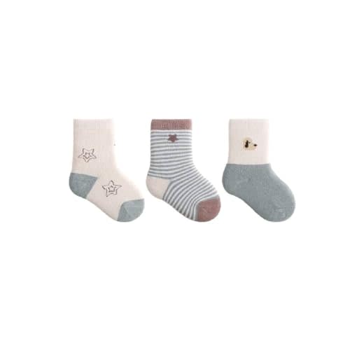 Baby Socks Winter Thick Warm Cotton Mid-Calf Socks, Striped and Cartoon Design, 3 Pack, for 0-5 Years